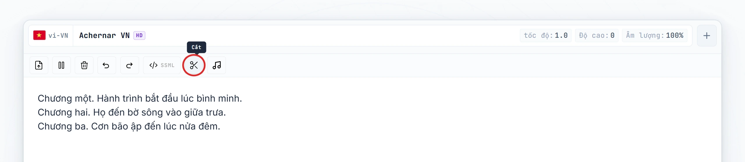 Nút Cut được làm nổi trên thanh công cụ trình soạn thảo (trạng thái hover)