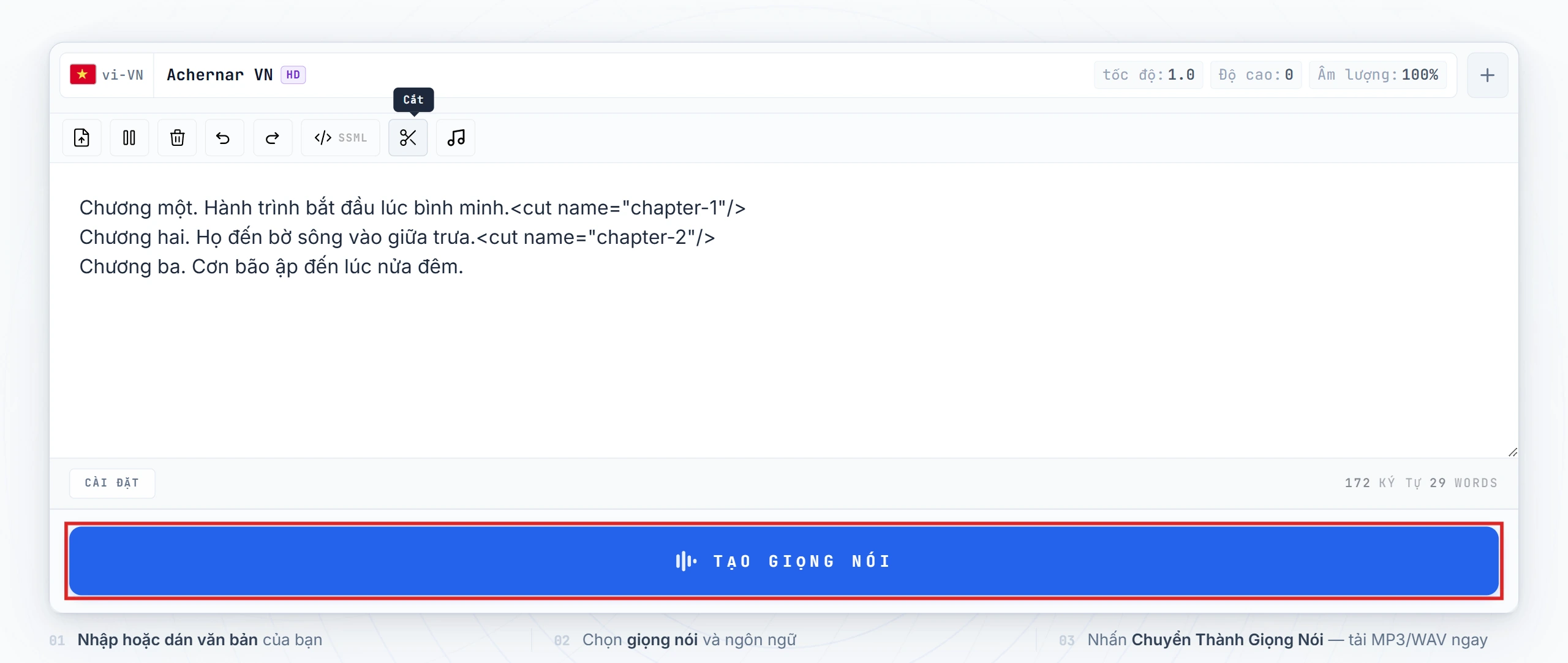 Nút Convert to Speech được làm nổi