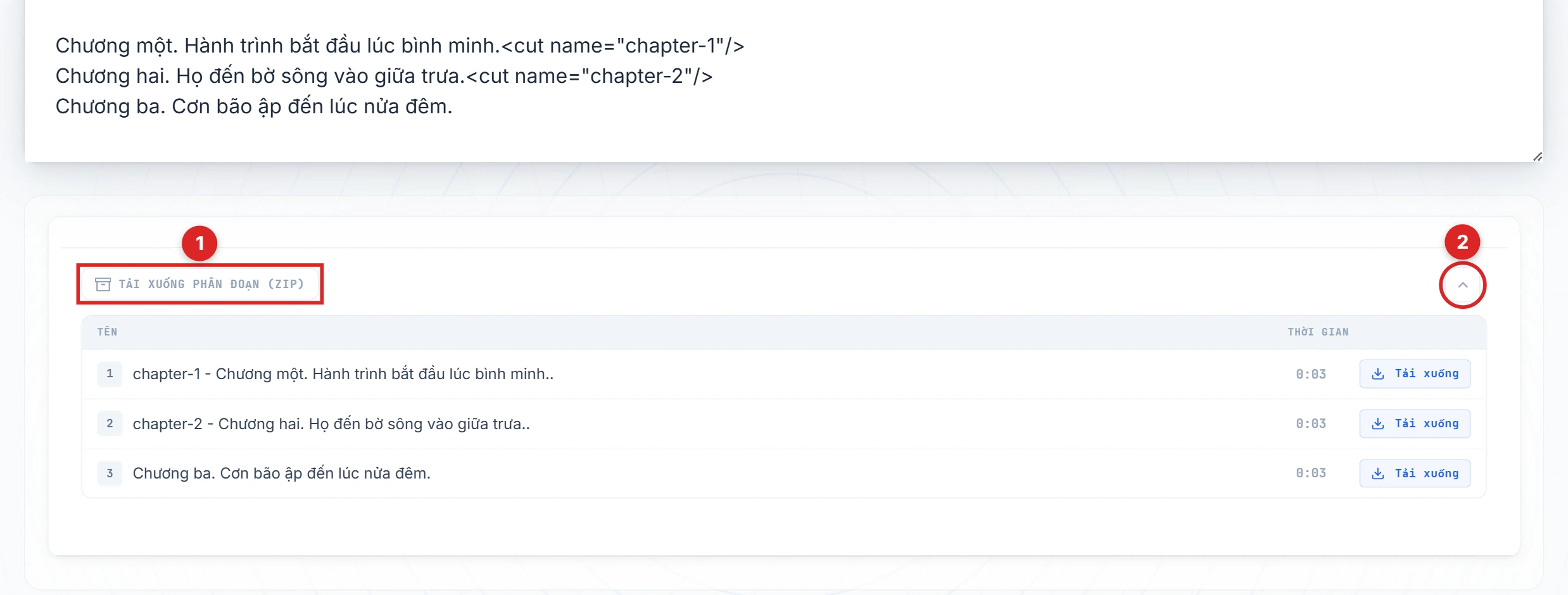 Nút Tải các đoạn và mũi tên được làm nổi trên bảng kết quả