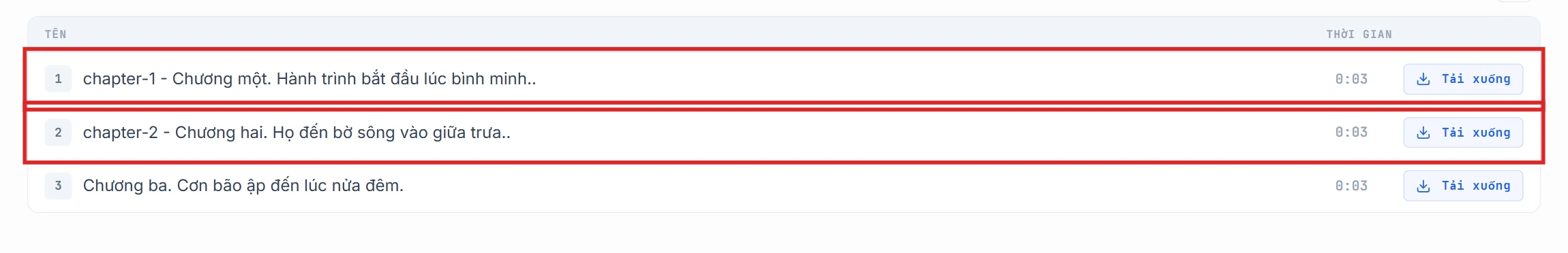 Danh sách đoạn với các dòng chapter-1 và chapter-2 được làm nổi