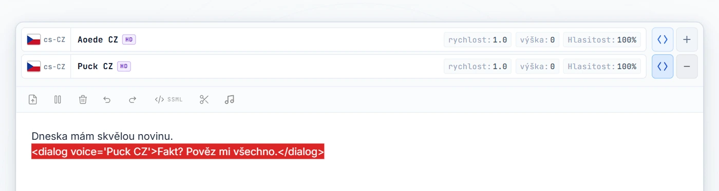 Značka dialog obaluje řádek 2 (zvýrazněno červeně)