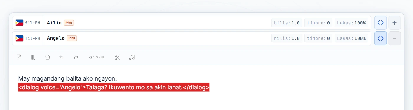 Dialog tag balot sa linya 2 (naka-highlight sa pula)
