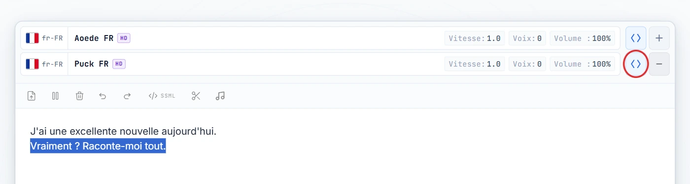 Ligne 2 sélectionnée, bouton englober mis en évidence sur le locuteur 2