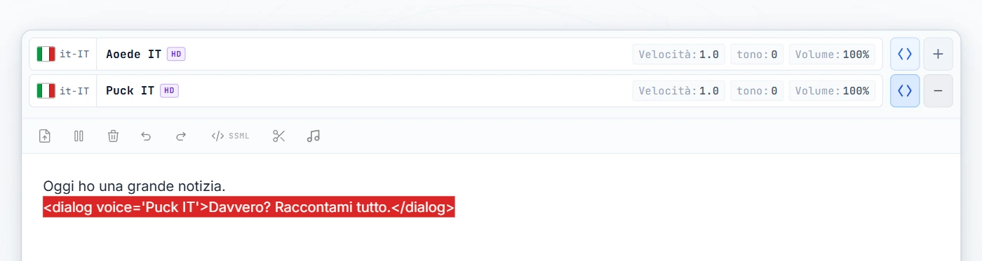 Tag dialog che avvolge la battuta 2 (evidenziato in rosso)