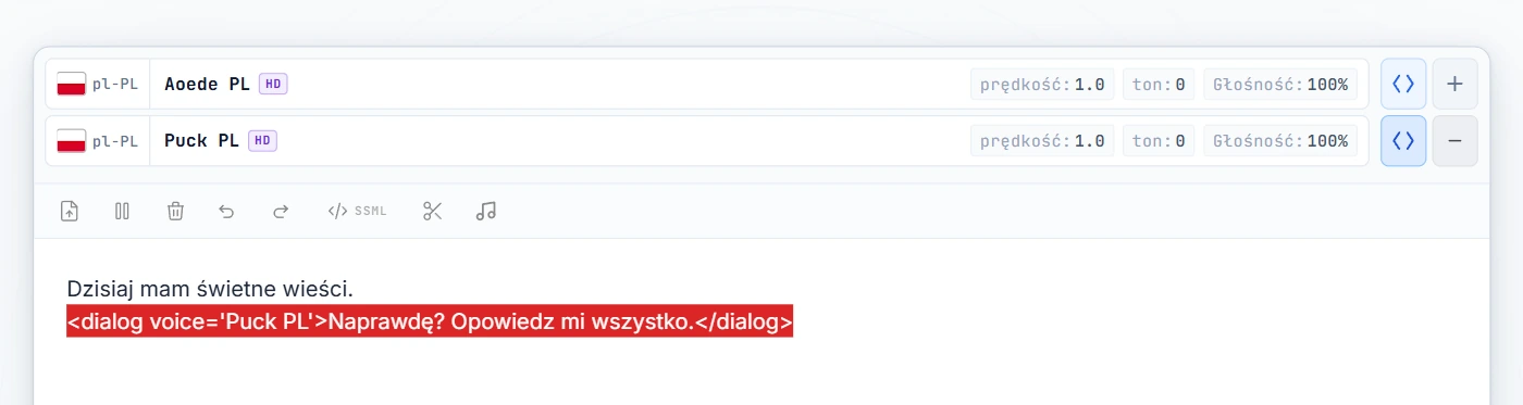 Tag dialog zawijający linijkę 2 (podświetloną na czerwono)