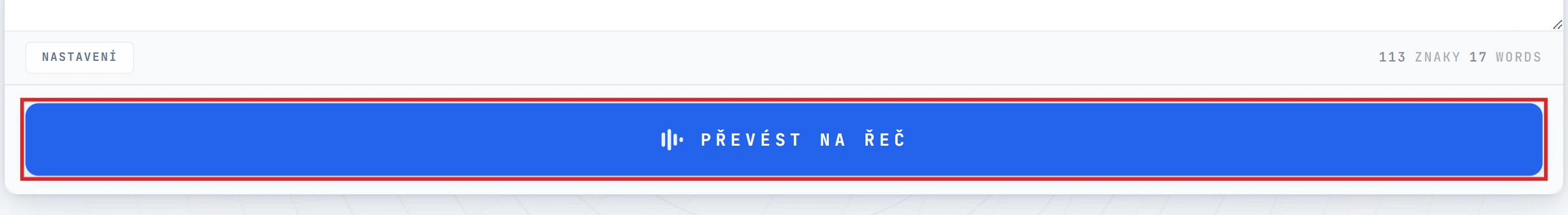 Tlačítko Převést na řeč zvýrazněné v editoru