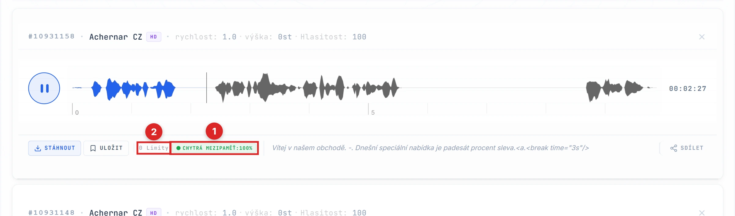 Indikátor Smart Cache 100 % a zpráva 0 limitů zvýrazněné na druhém výsledku