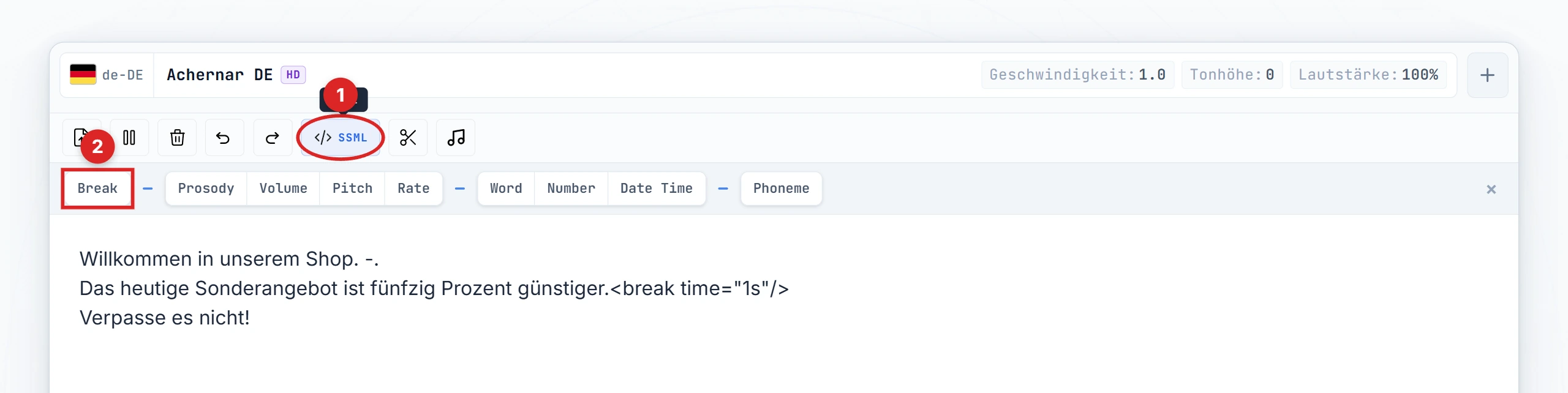 SSML-Button und Break-Button in der Editor-Symbolleiste hervorgehoben