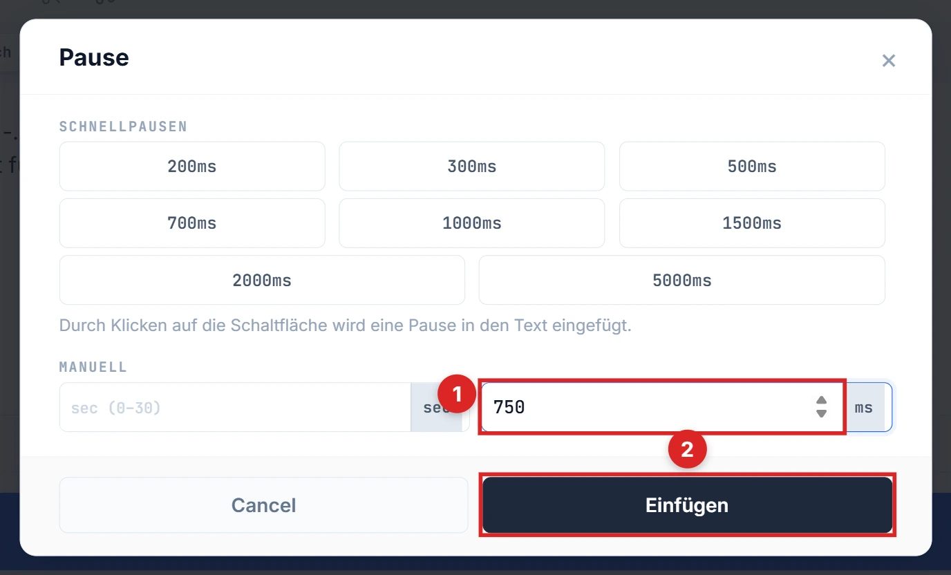 Manuelles ms-Feld mit 750 ausgefüllt und Insert-Button hervorgehoben