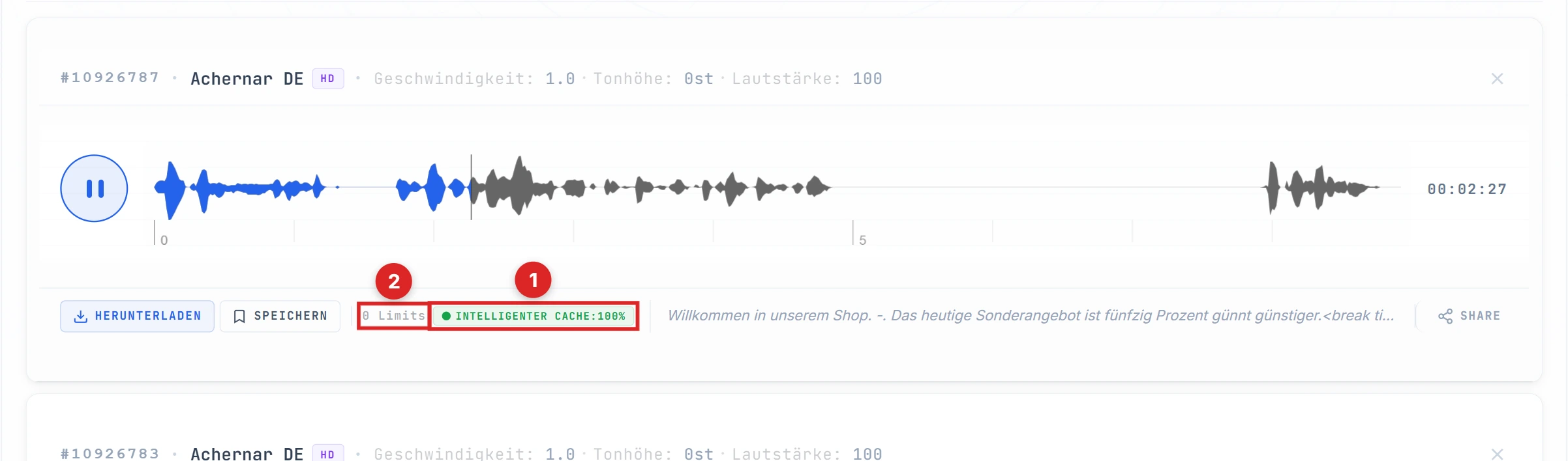Smart-Cache-100%-Anzeige und 0-Limits-Meldung auf dem zweiten Ergebnis hervorgehoben
