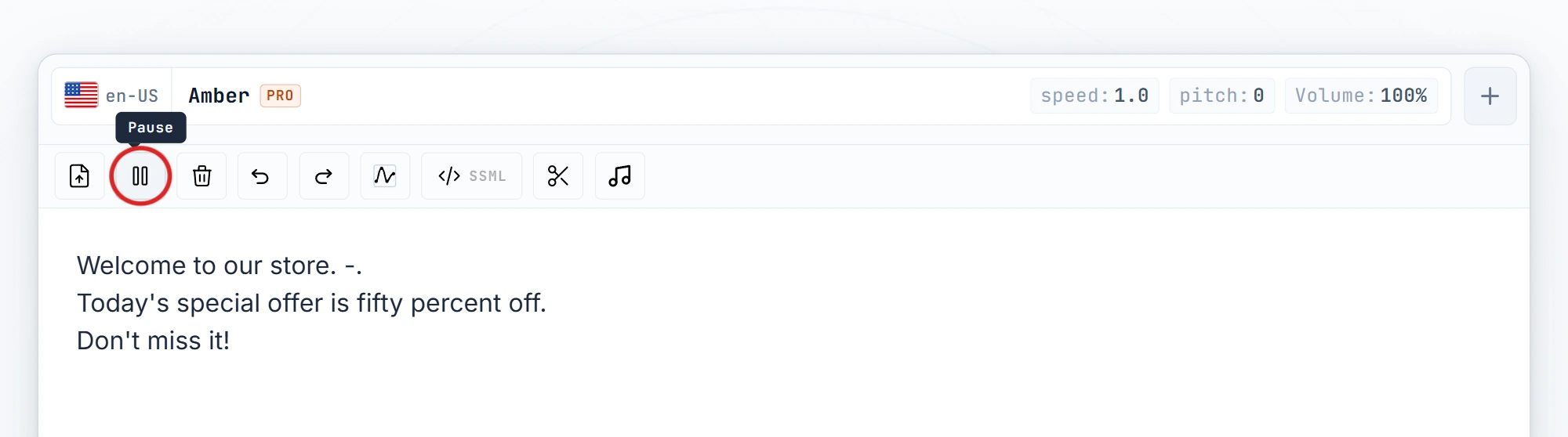 Pause icon highlighted in the editor toolbar with the marker inserted between sentences