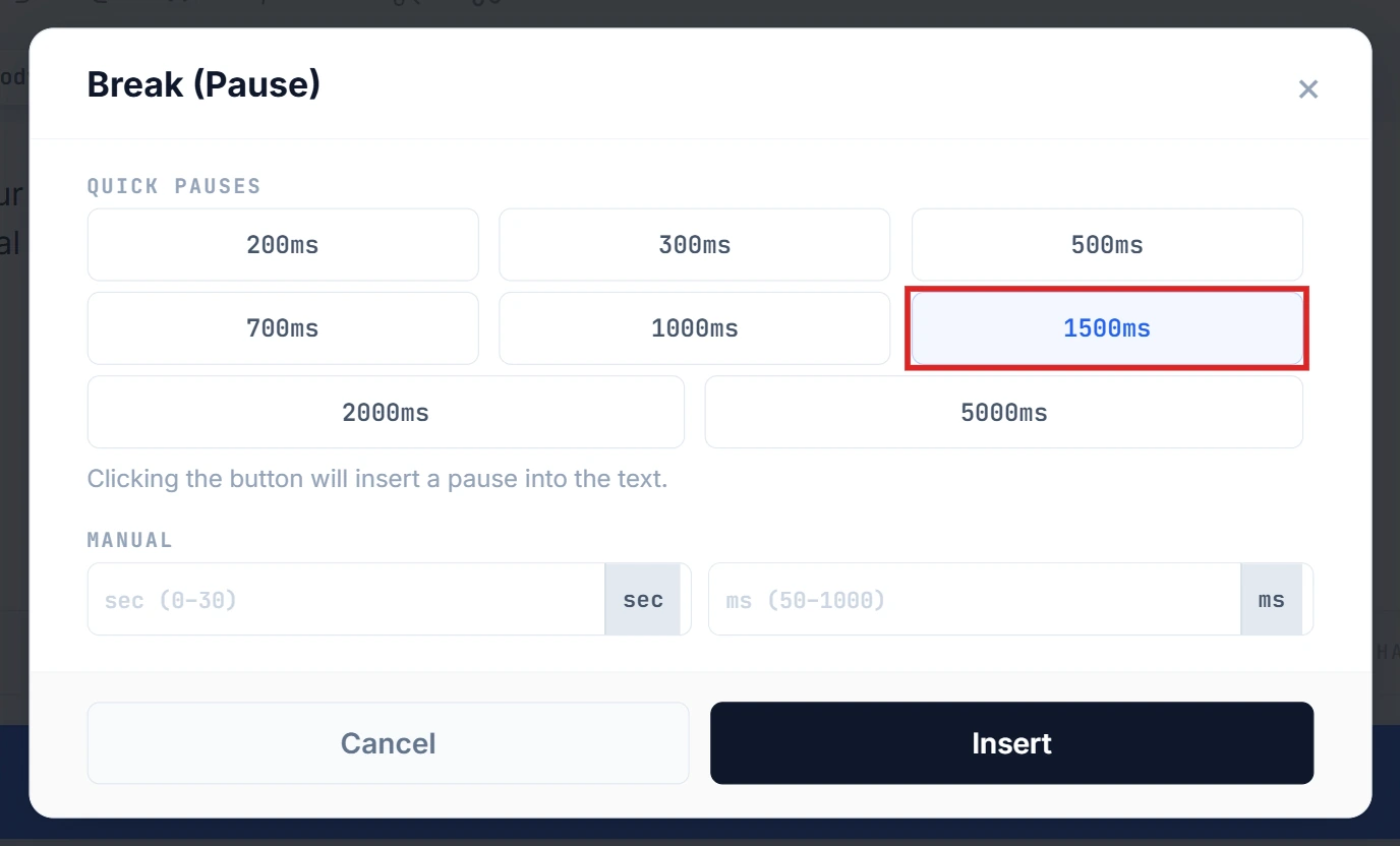 Break modal with Quick Pauses section visible