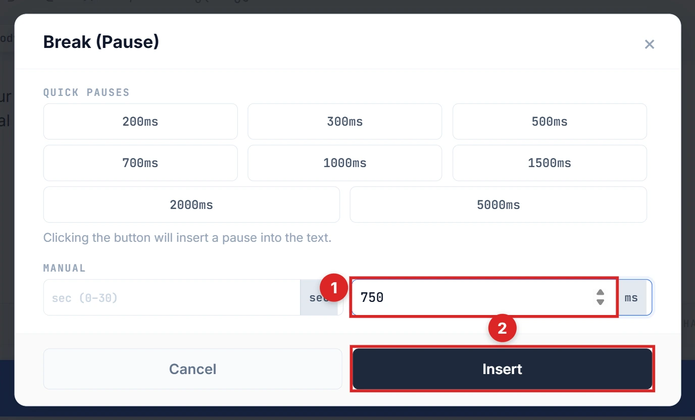 Manual ms input filled with 750 and Insert button highlighted