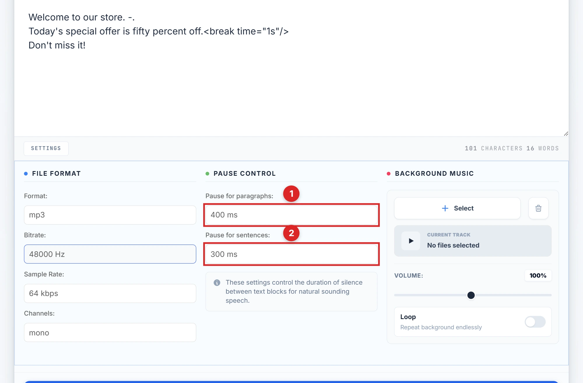 Pause Control column in the Settings panel with paragraph and sentence pause dropdowns highlighted