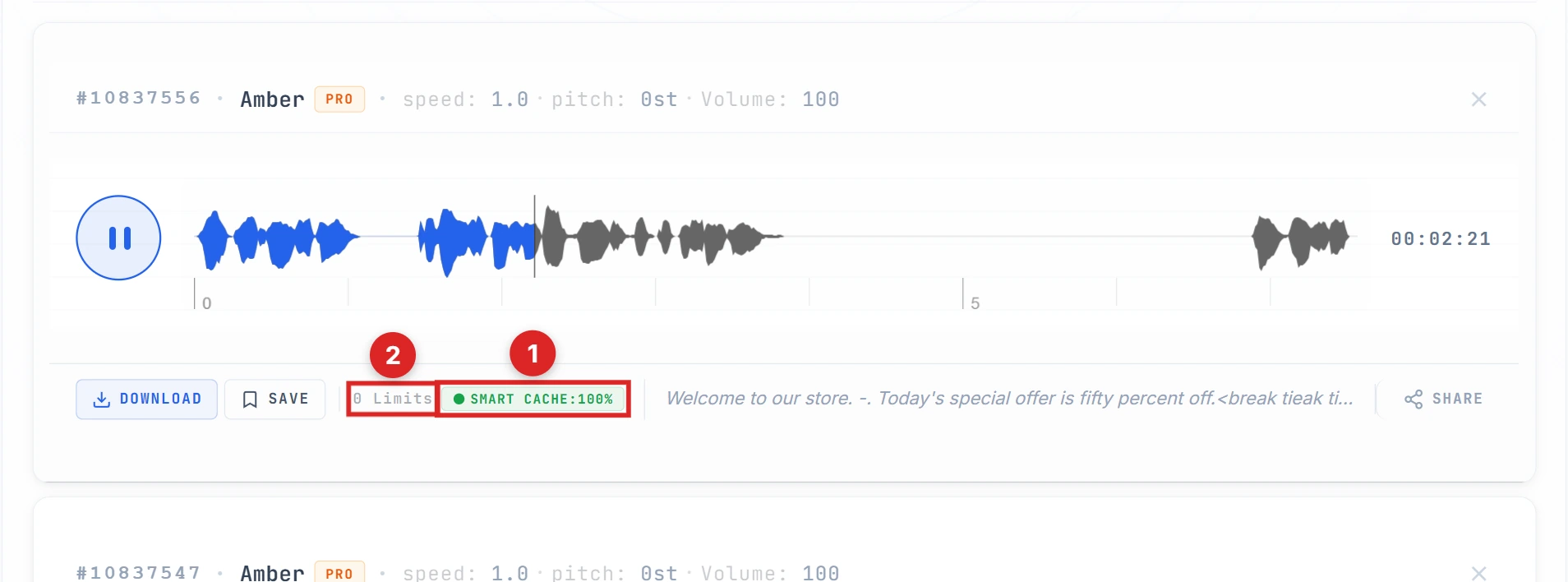Smart Cache 100% indicator and 0 Limits message highlighted on the second result