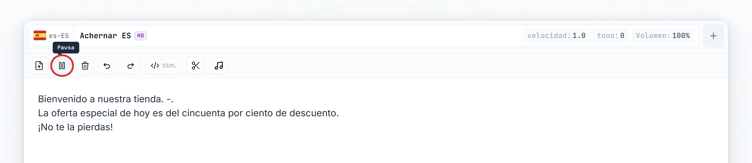 Icono de pausa resaltado en la barra de herramientas del editor con el marcador insertado entre frases