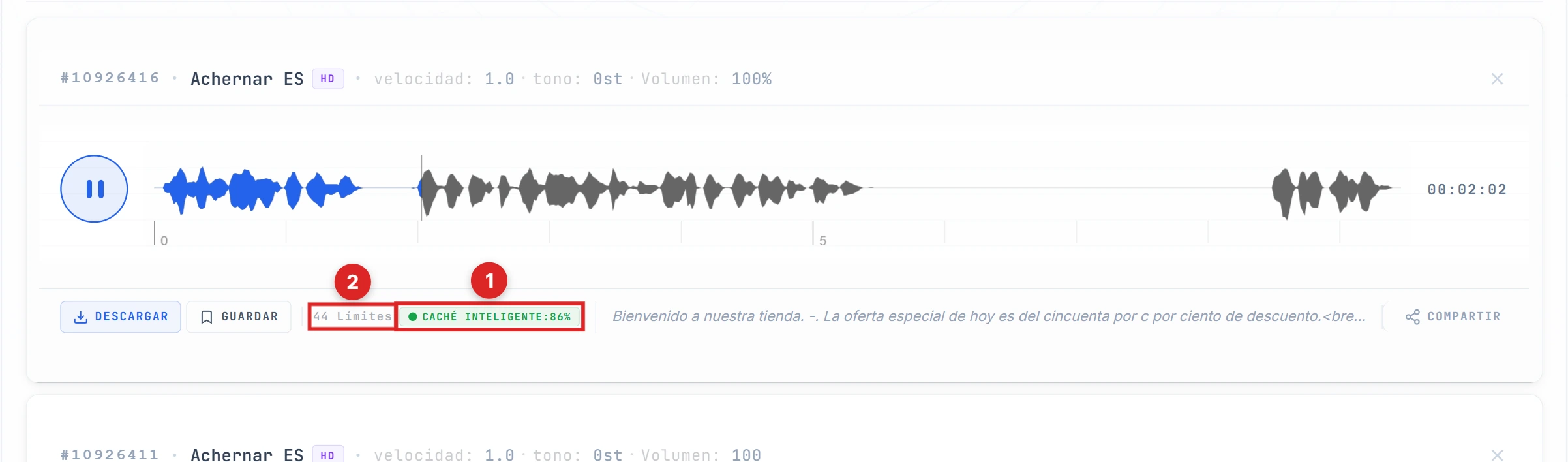Indicador Smart Cache 100% y mensaje 0 límites resaltados en el segundo resultado