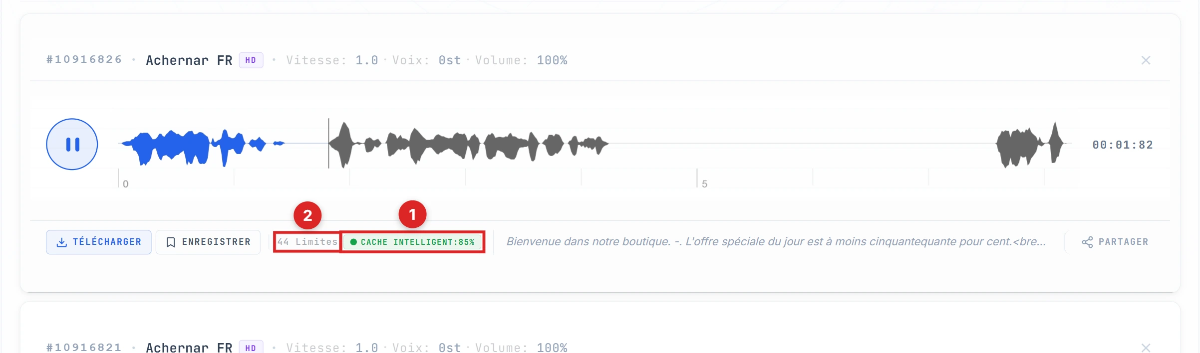 Indicateur Smart Cache 100 % et message 0 limite mis en évidence sur le deuxième résultat