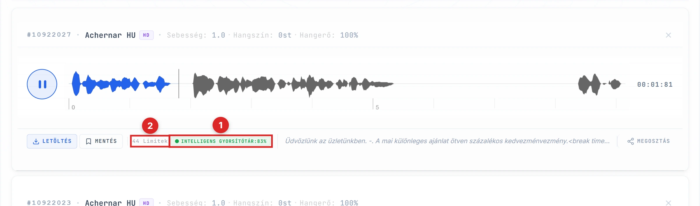 Smart Cache 100% jelző és 0 Limit üzenet kiemelve a második eredményen