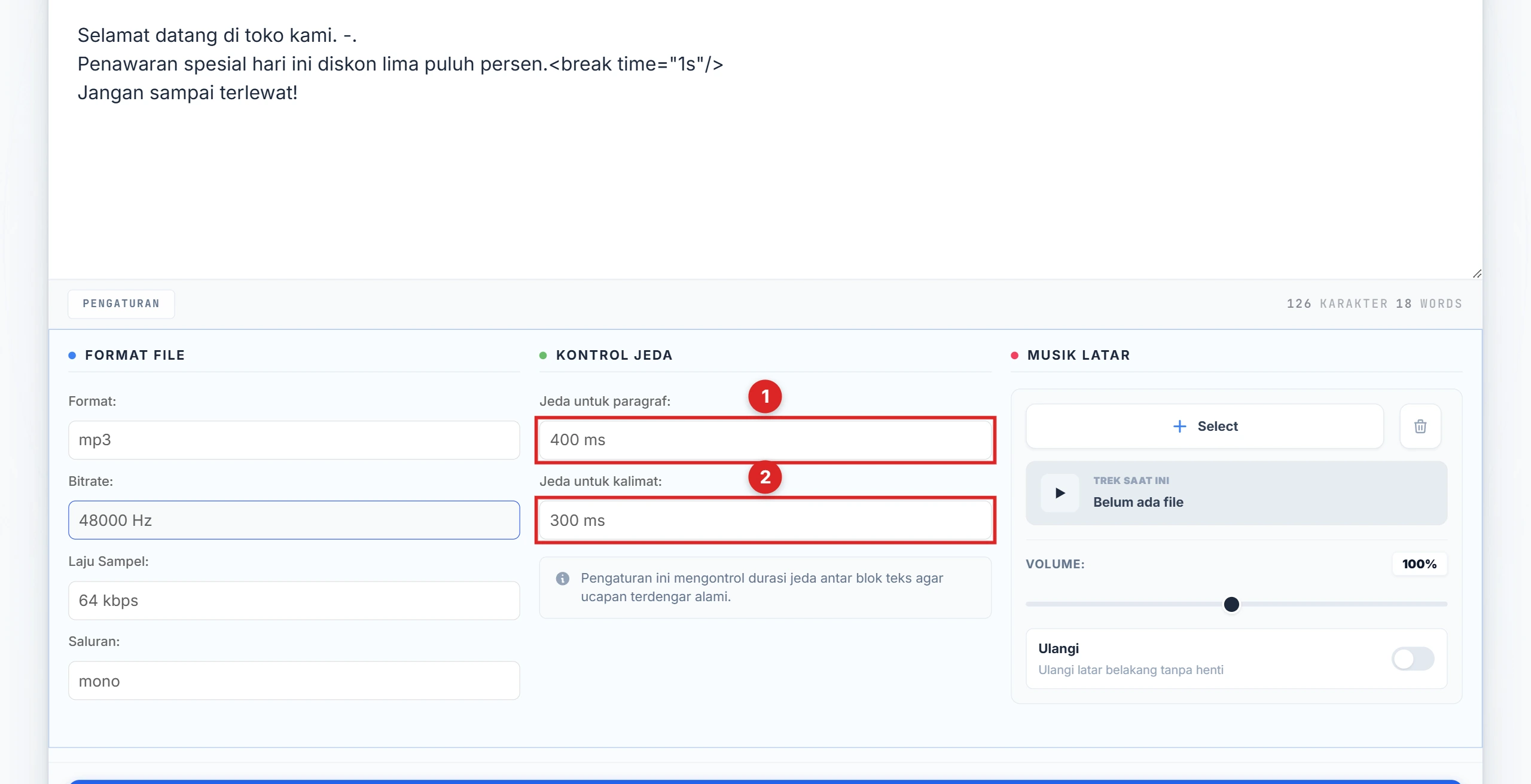 Kolom Pause Control di panel Settings dengan dropdown jeda paragraf dan kalimat disorot