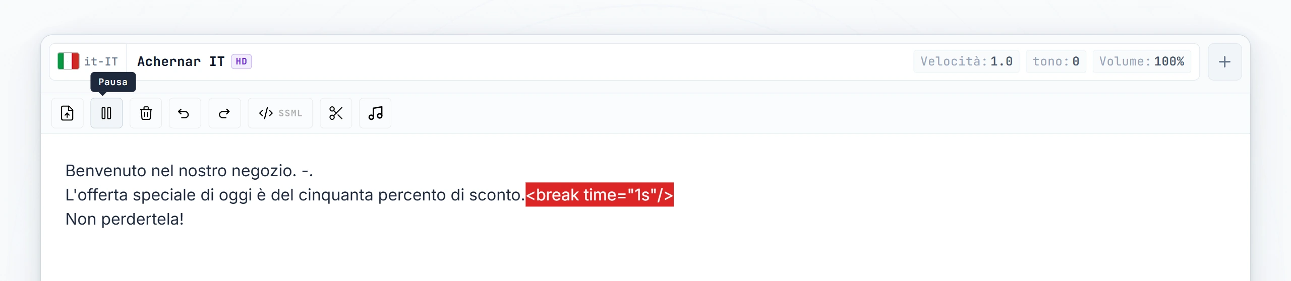 Tag break digitato manualmente nell'editor tra due frasi