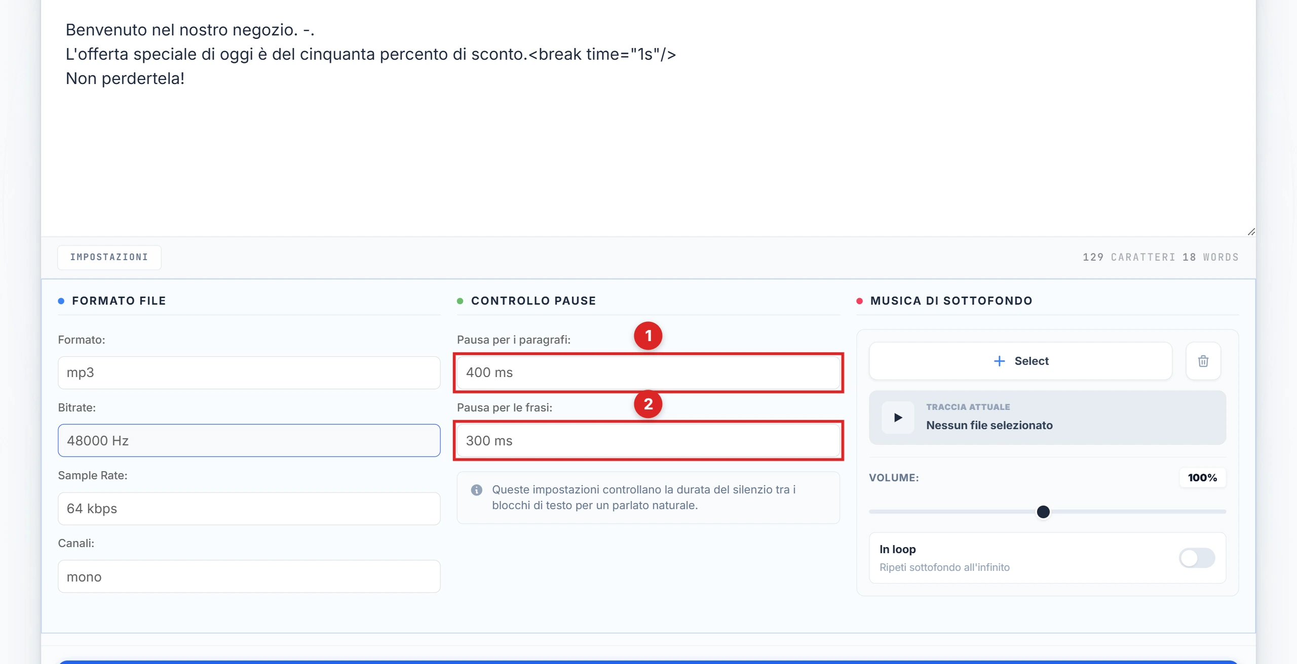 Colonna Pause Control nel pannello Impostazioni con i menu di pausa per paragrafo e frase evidenziati