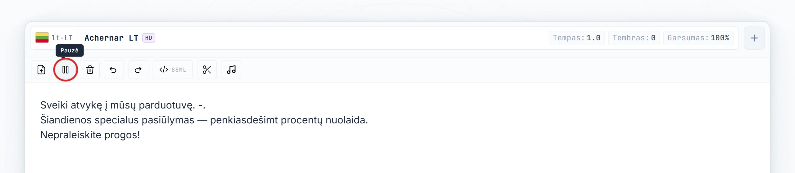 Pauzės piktograma paryškinta redaktoriaus įrankių juostoje, žymeklis įterptas tarp sakinių