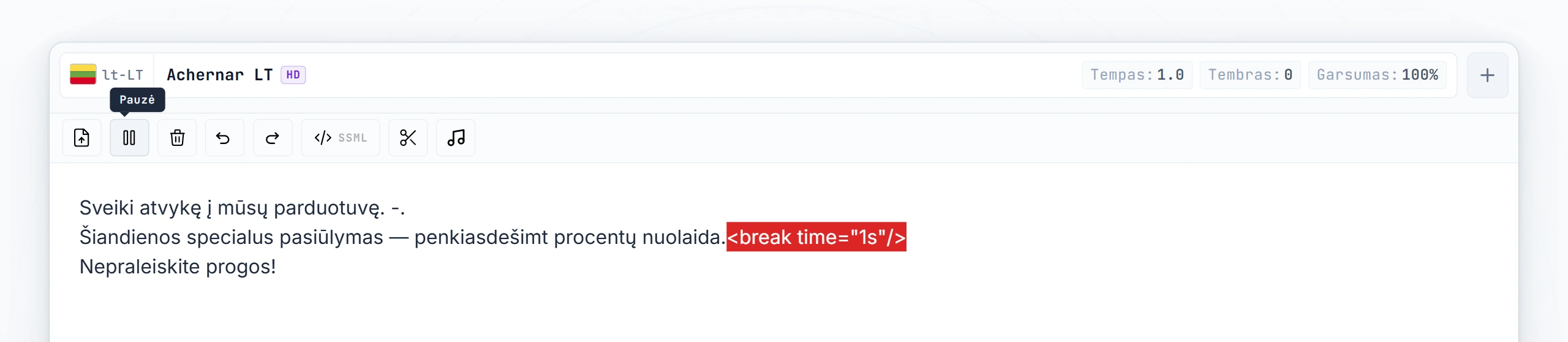 Rankiniu būdu įrašyta break žyma redaktoriuje tarp dviejų sakinių