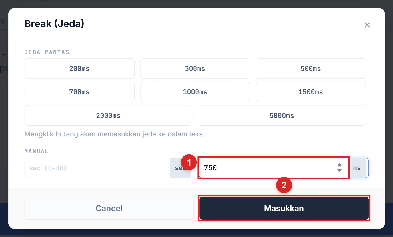 Input ms manual diisi dengan 750 dan butang Insert diserlahkan