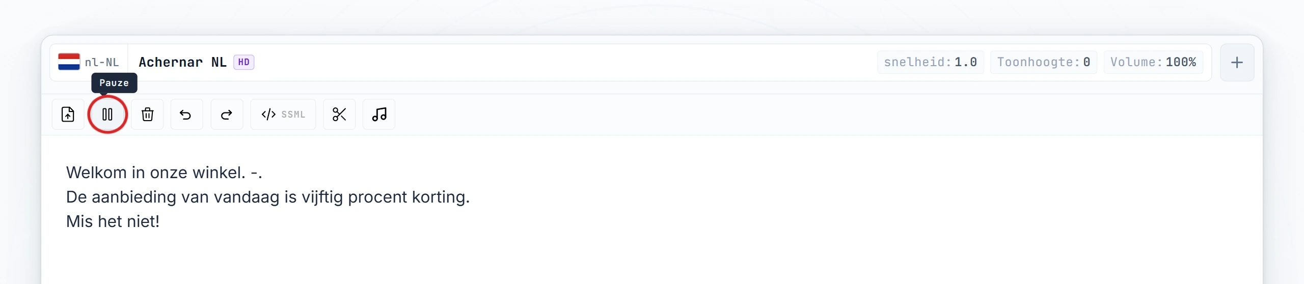 Pauze-icoon gemarkeerd in de editor-toolbar met de markering tussen zinnen geplaatst
