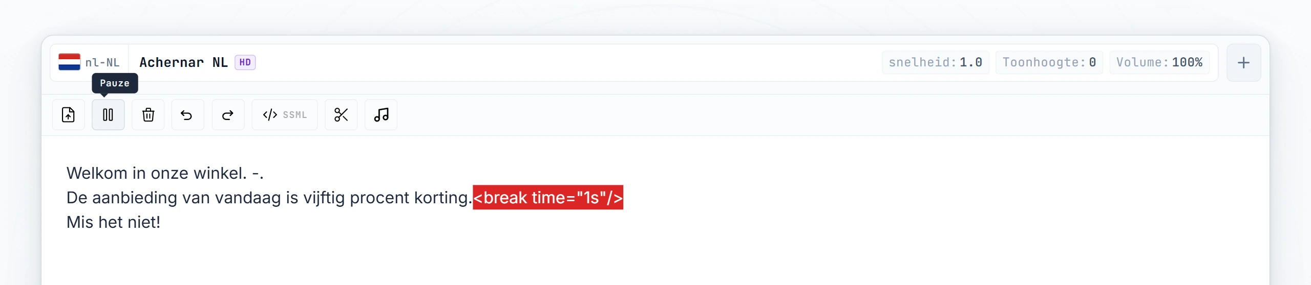 Handmatig getypte break-tag in de editor tussen twee zinnen