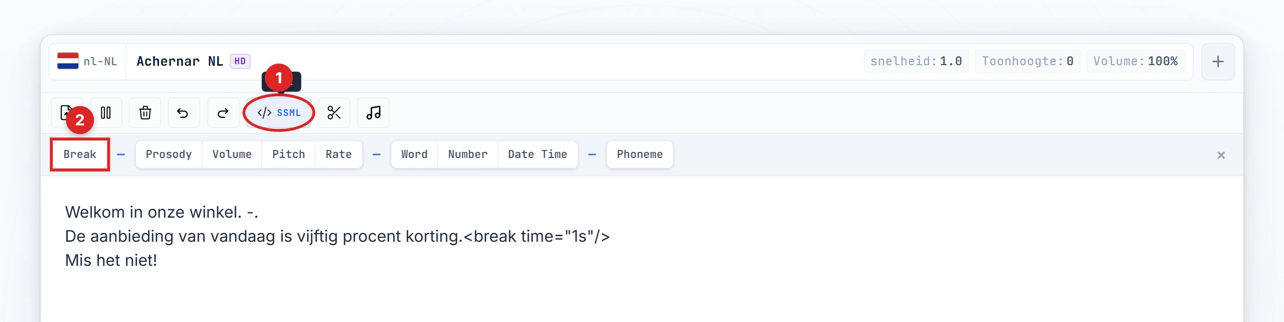 SSML-knop en Break-knop gemarkeerd in de editor-toolbar