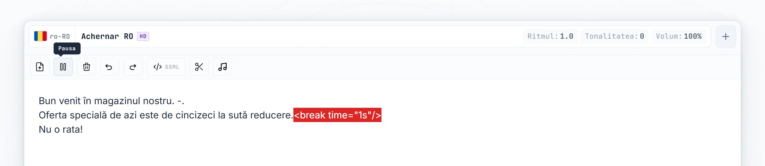 Etichetă break manuală scrisă în editor între două propoziții
