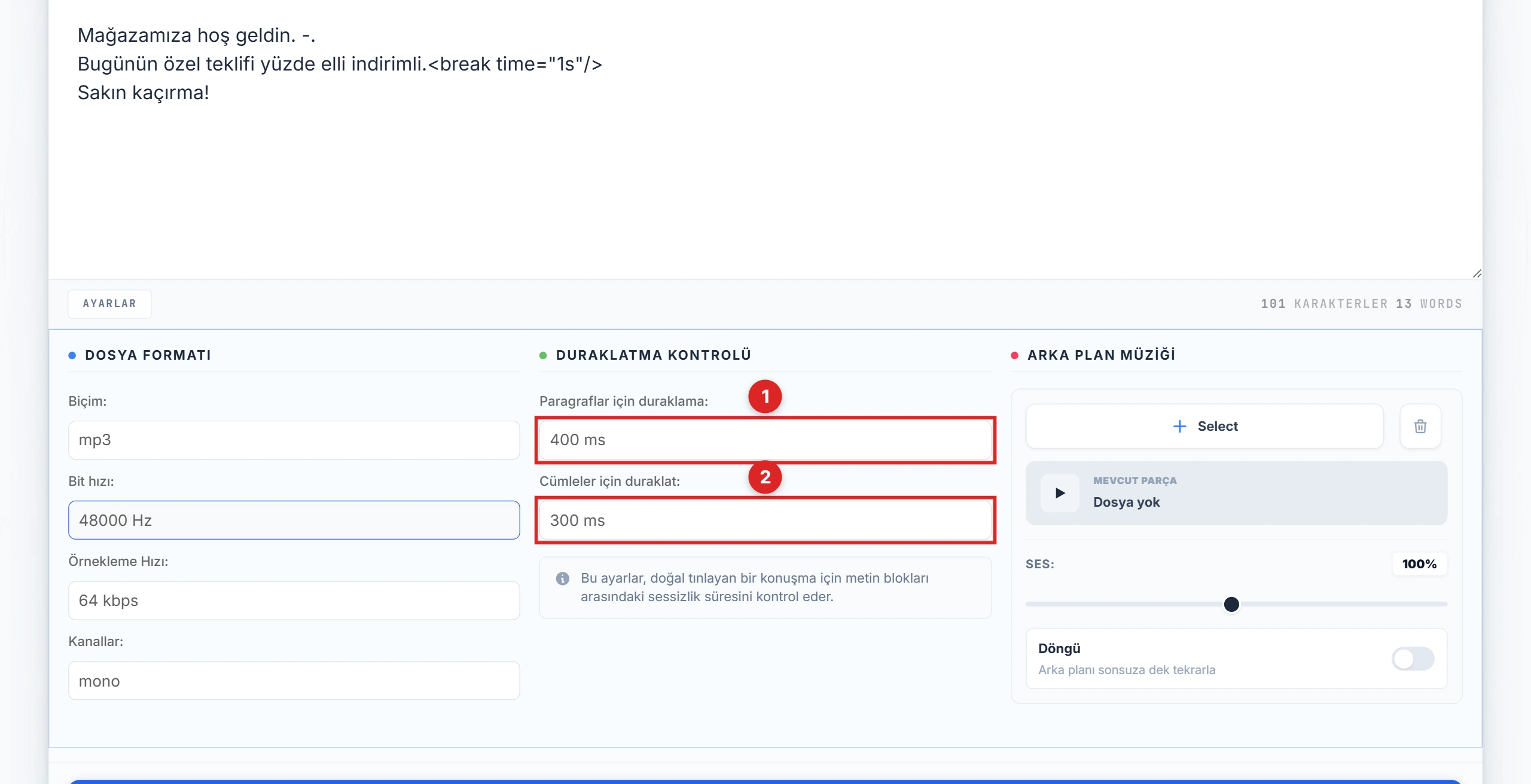 Settings panelindeki Pause Control sütunu, vurgulanmış paragraf ve cümle durak açılır menüleriyle