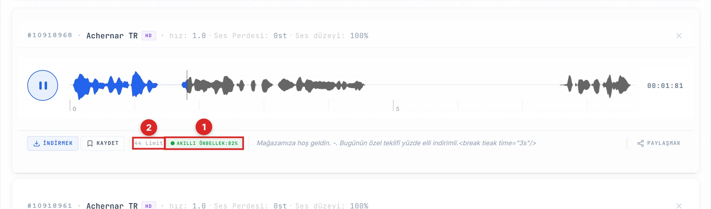 İkinci sonuçta vurgulanmış Smart Cache 100% göstergesi ve 0 Limits mesajı