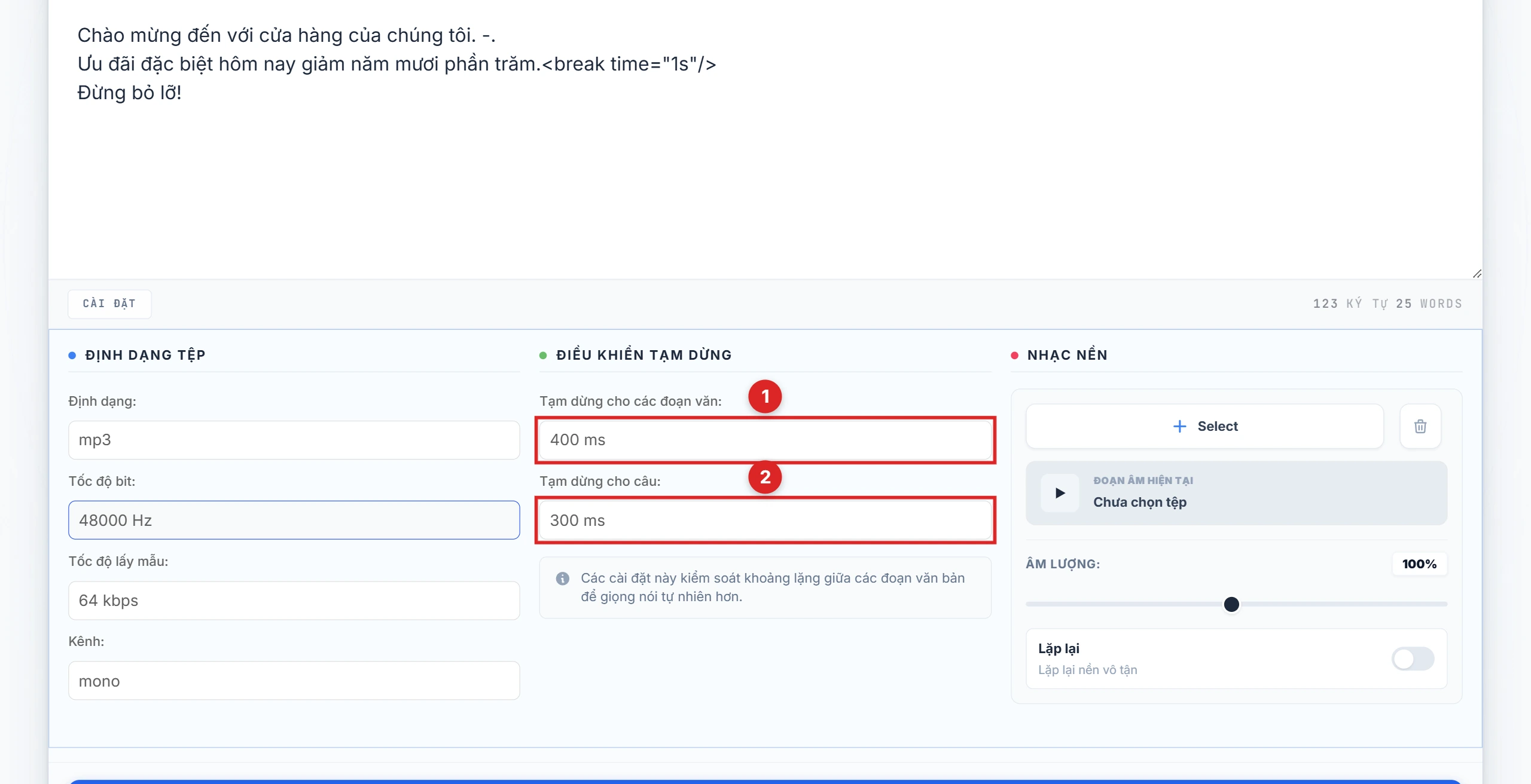 Cột Pause Control trong bảng Settings với menu thả xuống dừng đoạn và câu được làm nổi bật