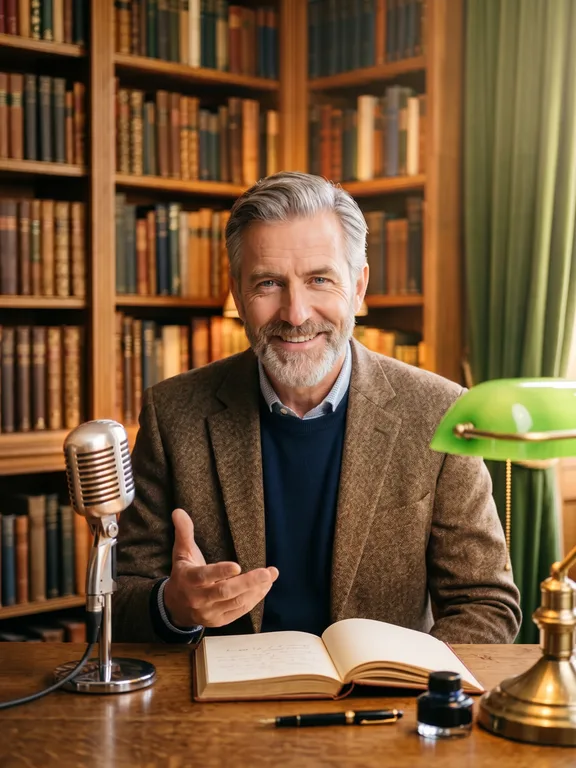 British storyteller smiling and gesturing in a bright sunlit library with vintage microphone