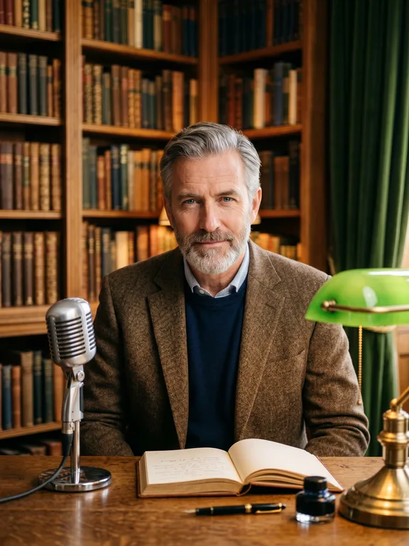 Distinguished British gentleman in tweed jacket sitting in a library with vintage microphone