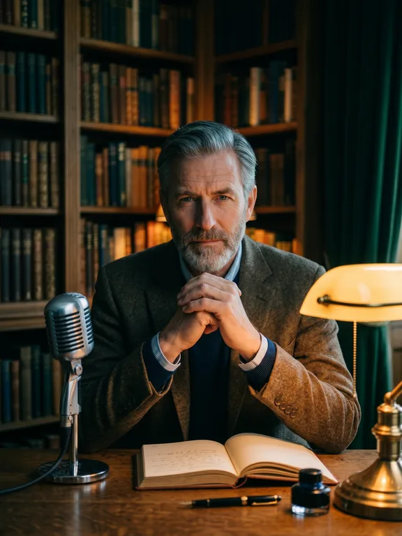 British narrator leaning toward vintage microphone in a moody library lit by single brass lamp