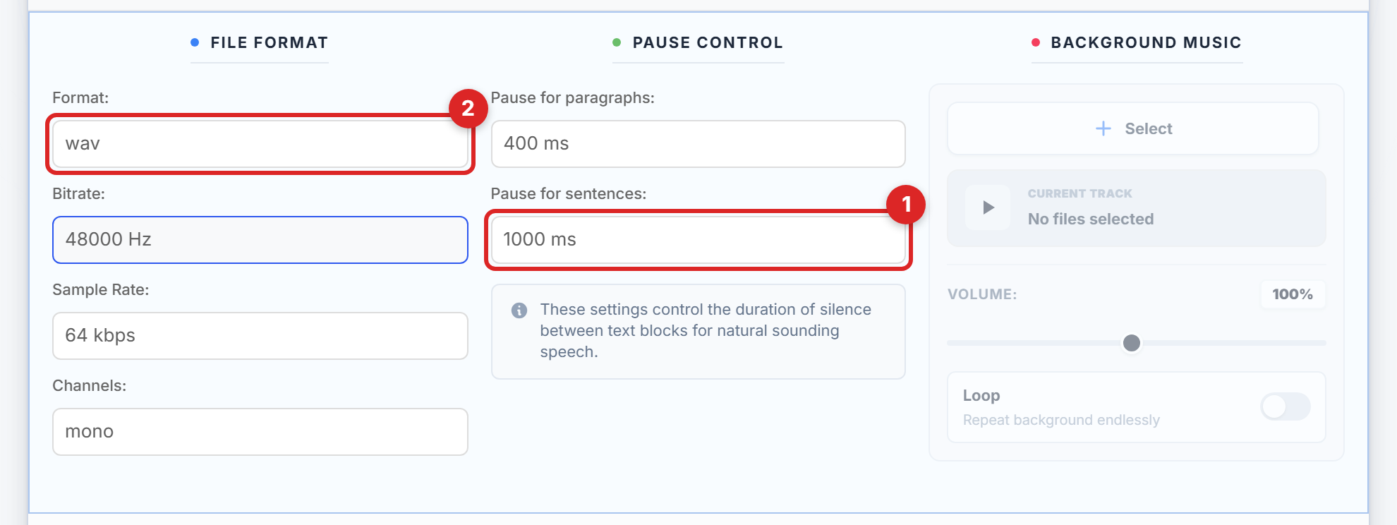 Settings with a new sentence pause and a new audio format