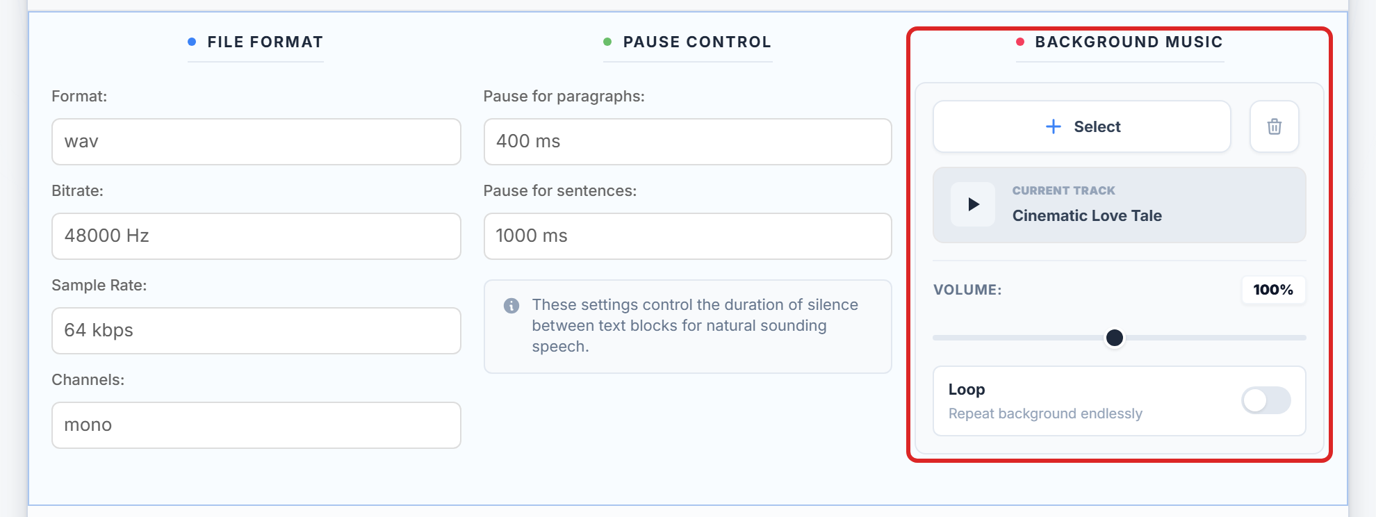 Background music selected in the settings panel