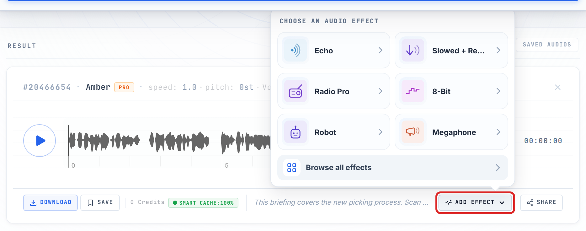 Add effect menu open on a finished result track