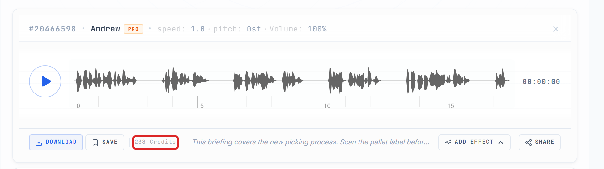 Result card with a different voice charged in full and no cache badge