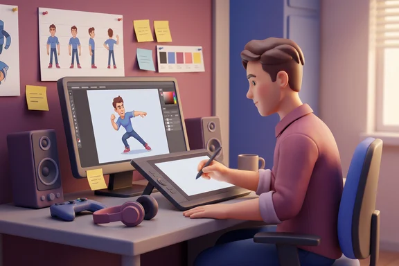 Animation studio desk with character on tablet, sketches pinned on the wall, game controller
