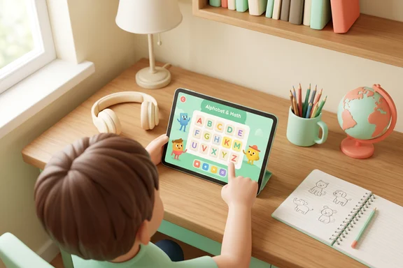 E-learning desk with tablet showing alphabet and maths, headphones, and globe