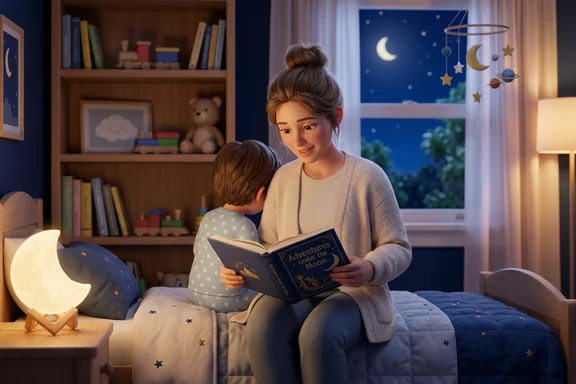 Cozy bedtime scene with open storybook, moon lamp, and sleeping plush bear