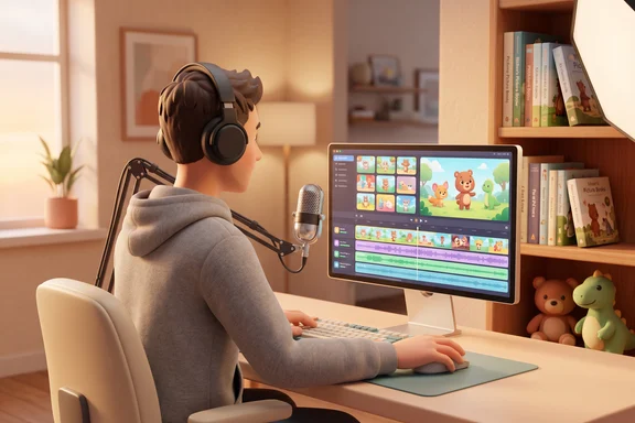 Cozy kids' YouTube streaming setup with microphone, ring light, and storybooks