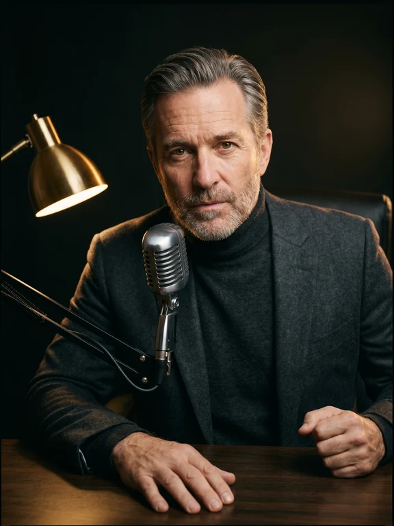 American narrator leaning into a vintage microphone in a moody library lit by a single brass desk lamp
