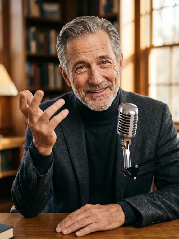 American storyteller smiling with an open-palm gesture in a bright sunlit library with vintage microphone