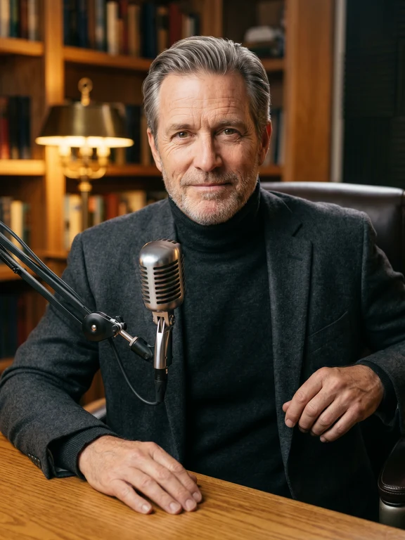 Distinguished American man in dark turtleneck sitting at an oak desk with vintage radio microphone in a warmly lit library